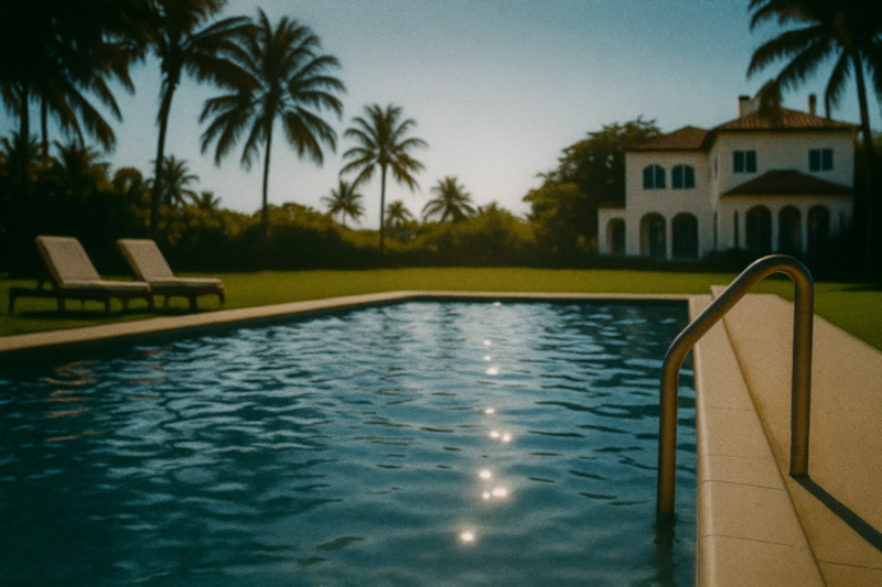 An exposed Sunrise Key waterfront pool at midday