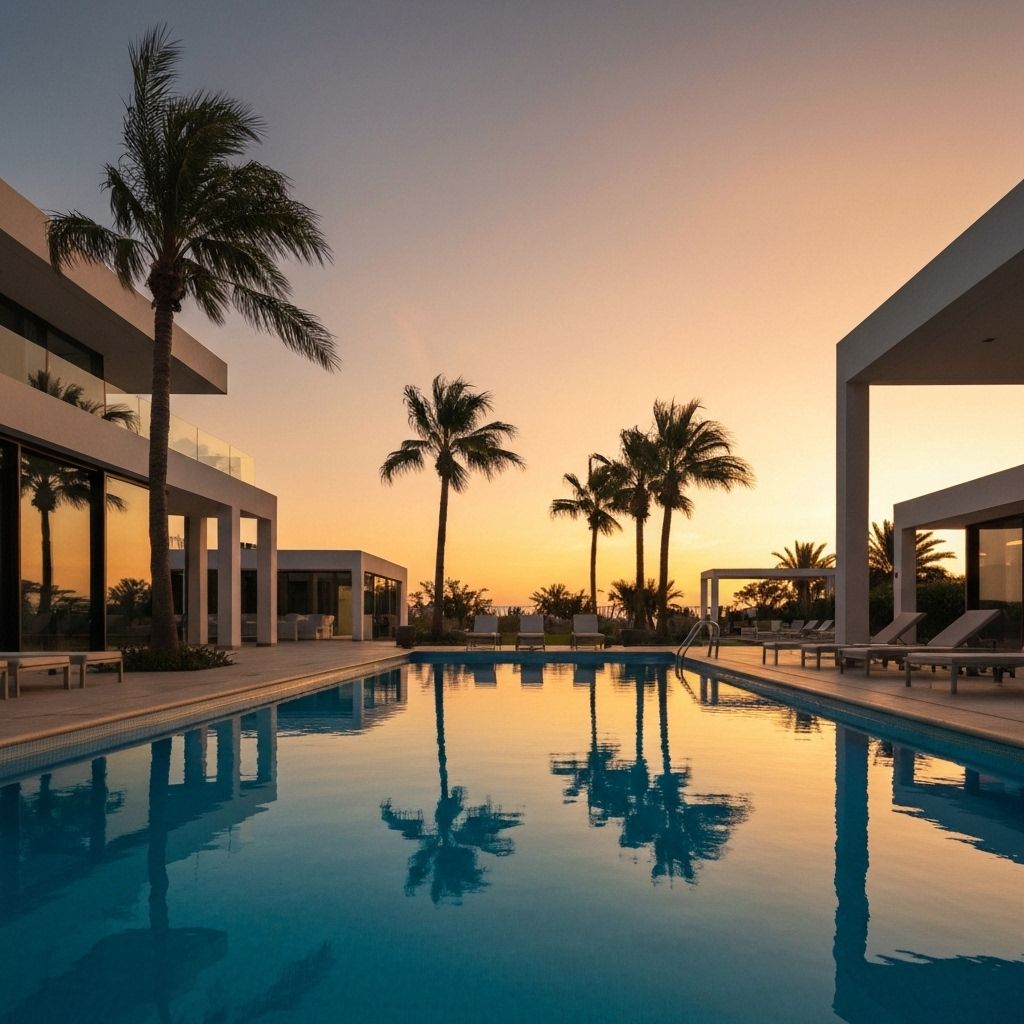 A modern Coral Ridge pool at sunset with mid-century architecture in view